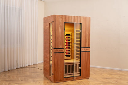 PREORDER NOVEMBER 2026-Costway 2-Person Dual Therapy Full Spectrum Infrared Sauna with Red Light Panel, WiFi App Control, Chromotherapy & Bluetooth – Okoume Wood- Fully Loaded Indoor Spa