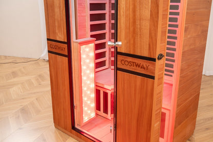 PREORDER NOVEMBER 2026-Costway 2-Person Dual Therapy Full Spectrum Infrared Sauna with Red Light Panel, WiFi App Control, Chromotherapy & Bluetooth – Okoume Wood- Fully Loaded Indoor Spa