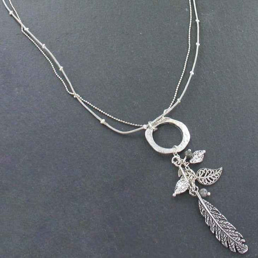 Beaten Ring Necklace With Leaf Charms In Silver Plate