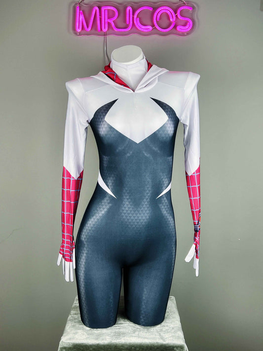 Super Hero Spider Gwen Cosplay Full Bodysuit Halloween Costume Zentai