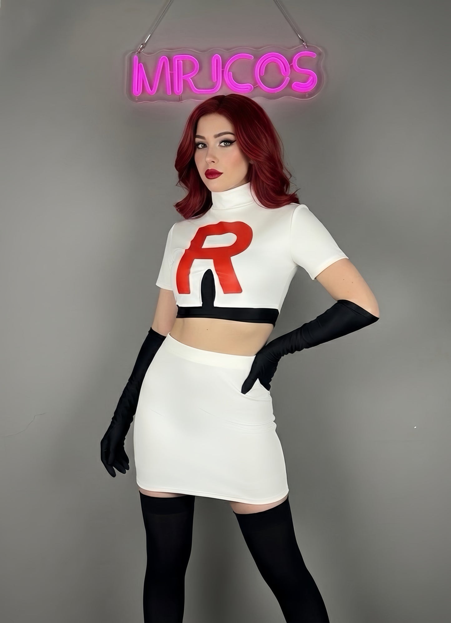 Anime Team Rocket Spandex Leather Cosplay Costume Set with Gloves and Skirt