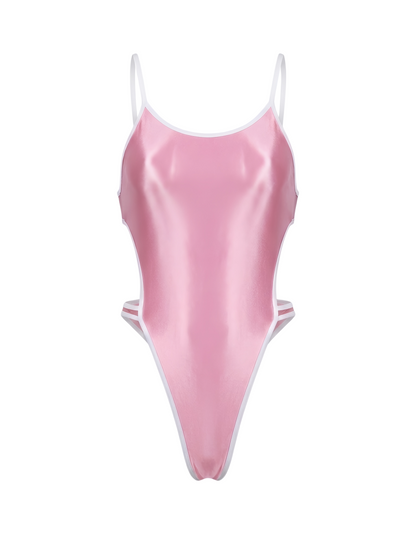Women's High-Cut One-Piece Satin Spandex BodySuit Swimsuit with Side Cutouts