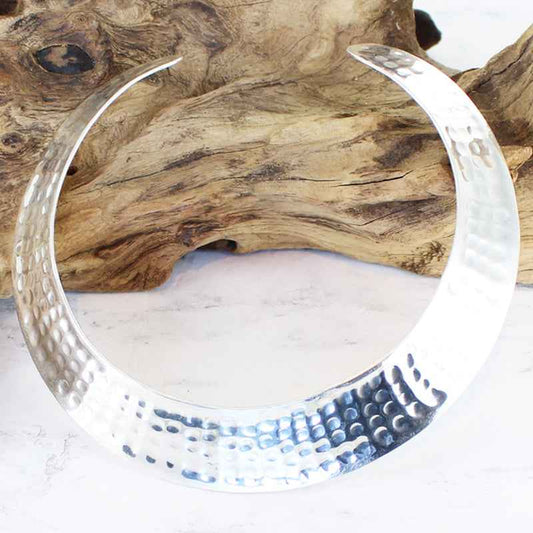 Beaten Metal Collar Necklace - Silver Colour