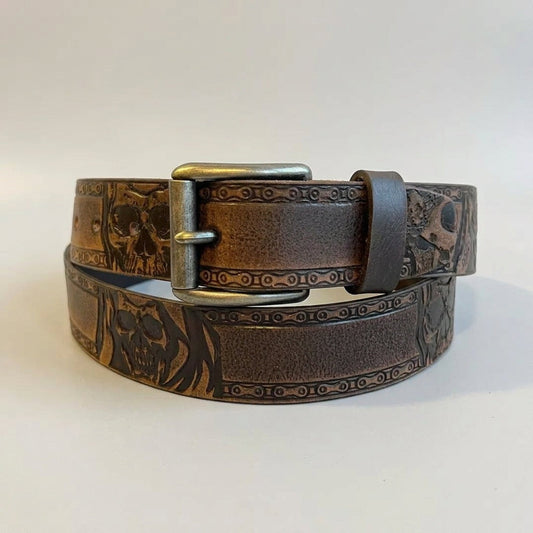 Keldon Men’s Full-Grain Leather Biker Belt. Skull Chain Embossed Design with Removable Buckle