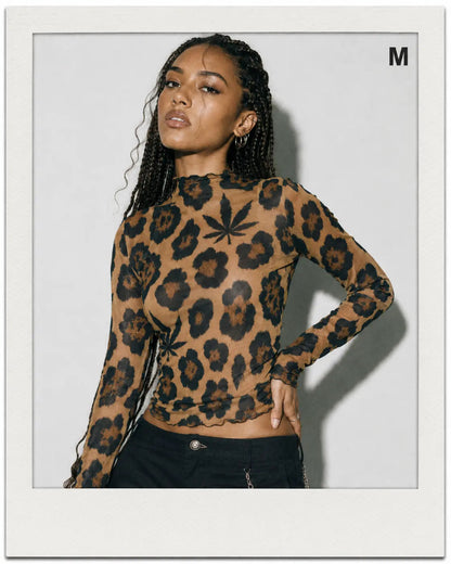 Leopard High-Neck Mesh Long-Sleeve Top