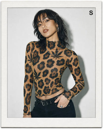 Leopard High-Neck Mesh Long-Sleeve Top