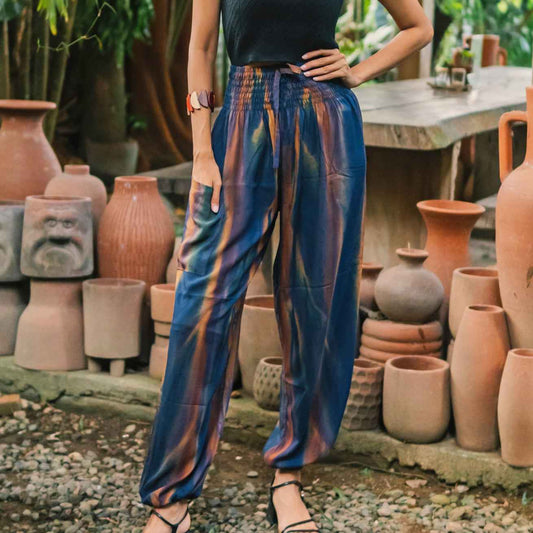 Navy & Gold Abstract Tie Dye Bali Pants