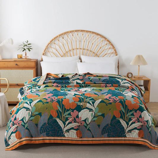 Wild Garden Boho Cotton Blanket/Throw - Teal/Orange