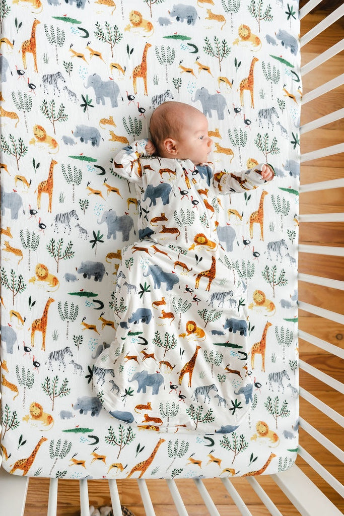 Baby Muslin Fitted Crib Sheet in Tanboocel® Bamboo Viscose - Safari Jungle