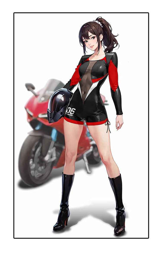 Black and Red One-Piece Spandex Race Queen Bodysuit Cotume with Sheer Mesh