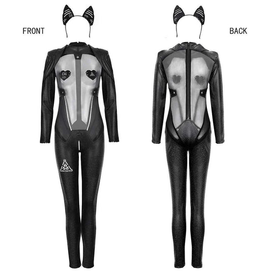 Tactical Anime Girl PU Leather Sheer Mesh Sexy Cosplay Full Bodysuit Costume