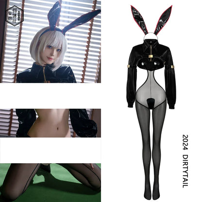 Bunny Girl Sexy Cute Costume PU Jacket Sheer Stockings Cosplay Lingerie Set