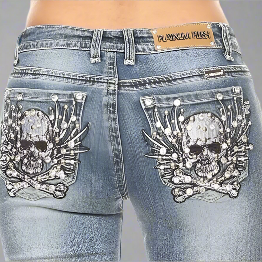 Platinum Plush Women's Rhinestone Skull & Bones Bootcut Jeans