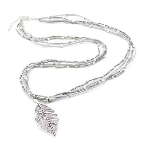 Suede & Beaded Necklace with Leaf Pendant