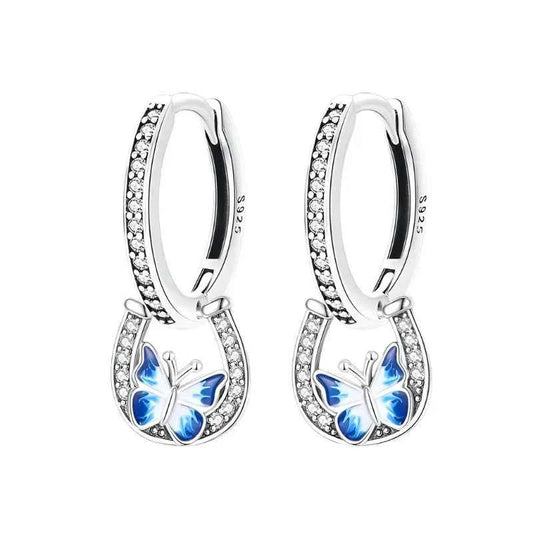 Lucky Charm Blue Butterfly Sterling Silver Hoop Earrings