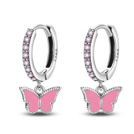 Charming Pink Butterfly Sterling Silver Hoop Earrings With Cubic Zirconia