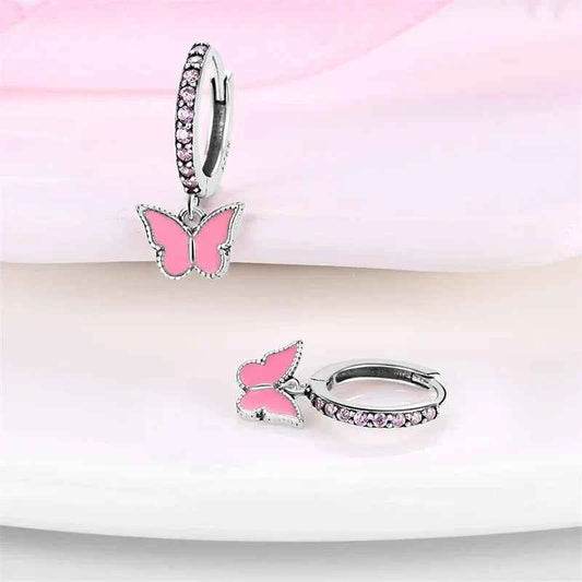 Charming Pink Butterfly Sterling Silver Hoop Earrings With Cubic Zirconia