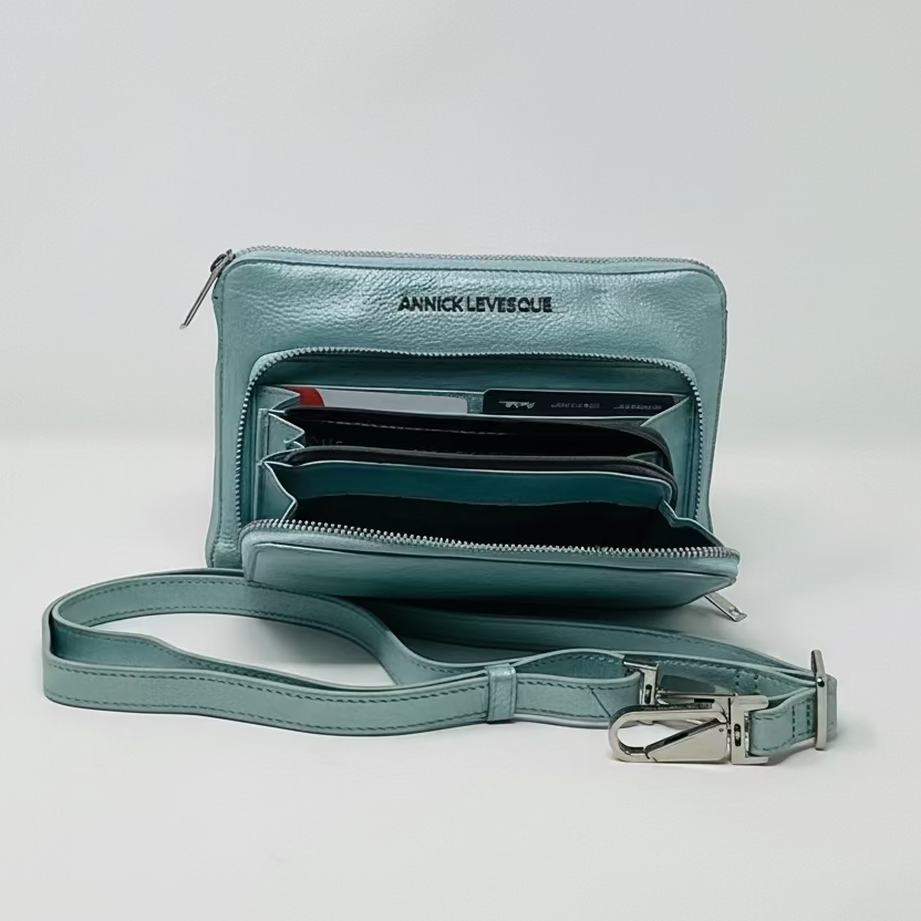 Petit sac à main-portefeuille en Cuir Véritable Bleu céleste, Carmen