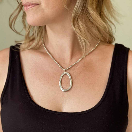 Silver Ball Necklace With Oval  Pendant In Silver Plate