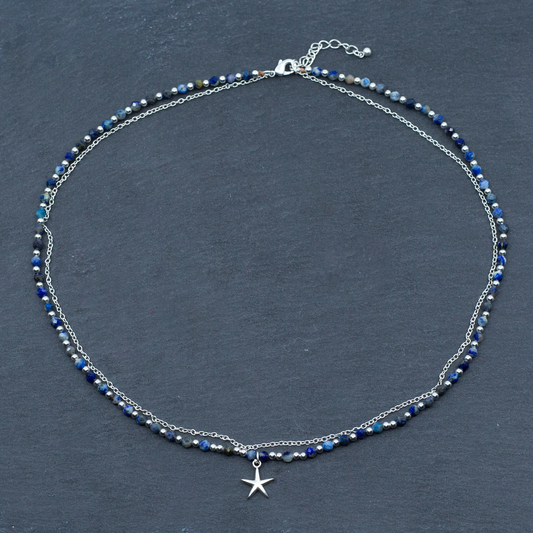 Blue Crystal Charm Necklace In Silver Plate