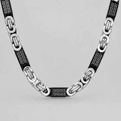 SteelTime Men's Two Tone Stainless Steel and Black IP Byzantine Necklace with Greek Key Accents