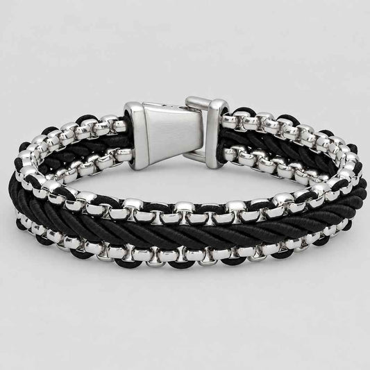 Steeltime Men's Black Cord Twist Bracelet | Stainless Steel