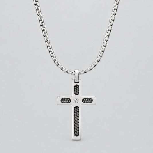 Steeltime Men's Diamond Cross Pendant Necklace | Stainless Steel