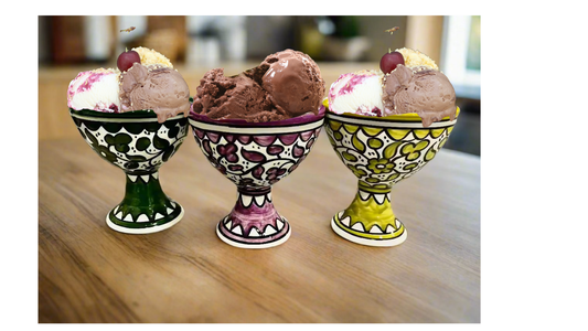 Handgefertigte Keramik-Dessertschale – Eis- und Sundae-Schale | Rosa, Gelb, Königsgrün