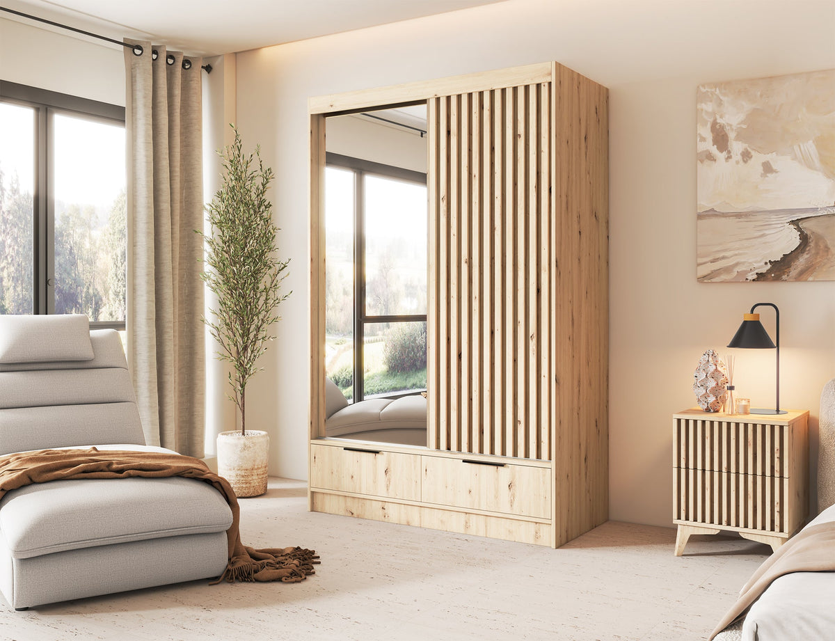 Voodi II Oak Wood Paneled Free Standing Wardrobe - Light Artisan Oak