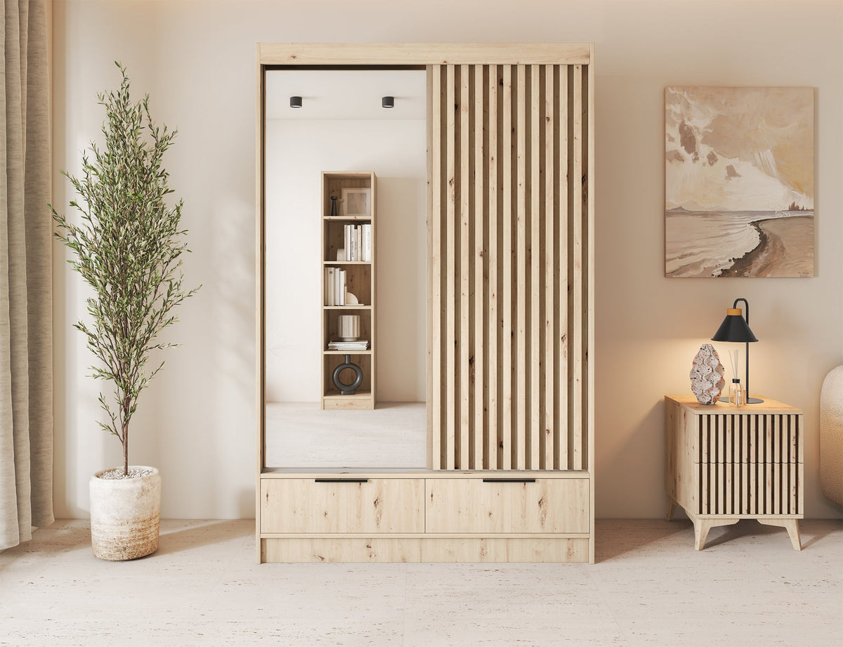 Voodi II Oak Wood Paneled Free Standing Wardrobe - Light Artisan Oak