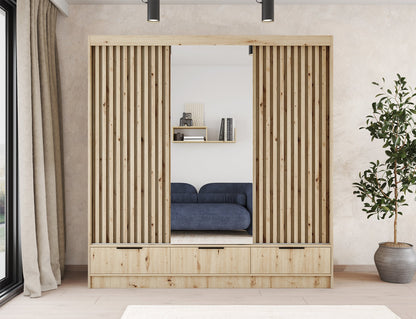 Voodi III Oak Wood Paneled Free Standing Wardrobe - Light Artisan Oak