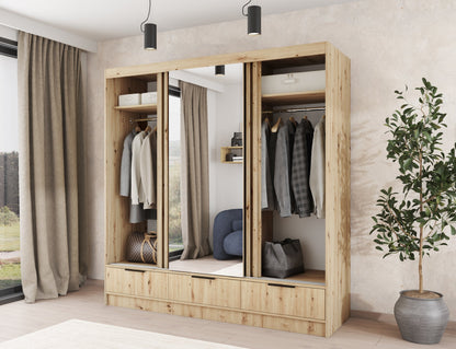 Voodi III Oak Wood Paneled Free Standing Wardrobe - Light Artisan Oak