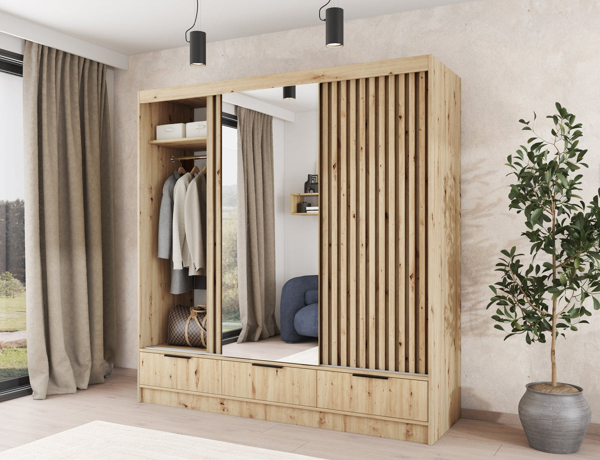 Voodi III Oak Wood Paneled Free Standing Wardrobe - Light Artisan Oak