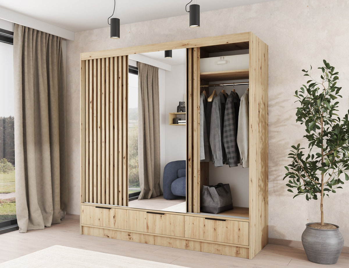 Voodi III Oak Wood Paneled Free Standing Wardrobe - Light Artisan Oak