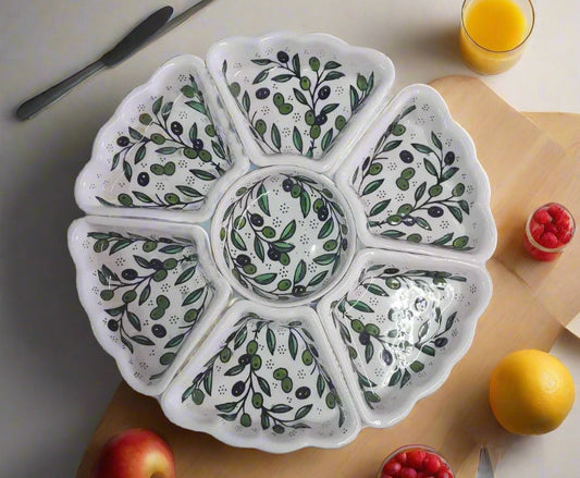 Handgefertigtes 8-teiliges Keramik-Vorspeisen- & Dippschalen-Set – 30,5 cm rund | „Olive Harmony“ Muster