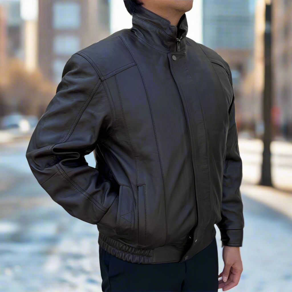 BOL Men's Double Pocket Leather Bomber Jacket