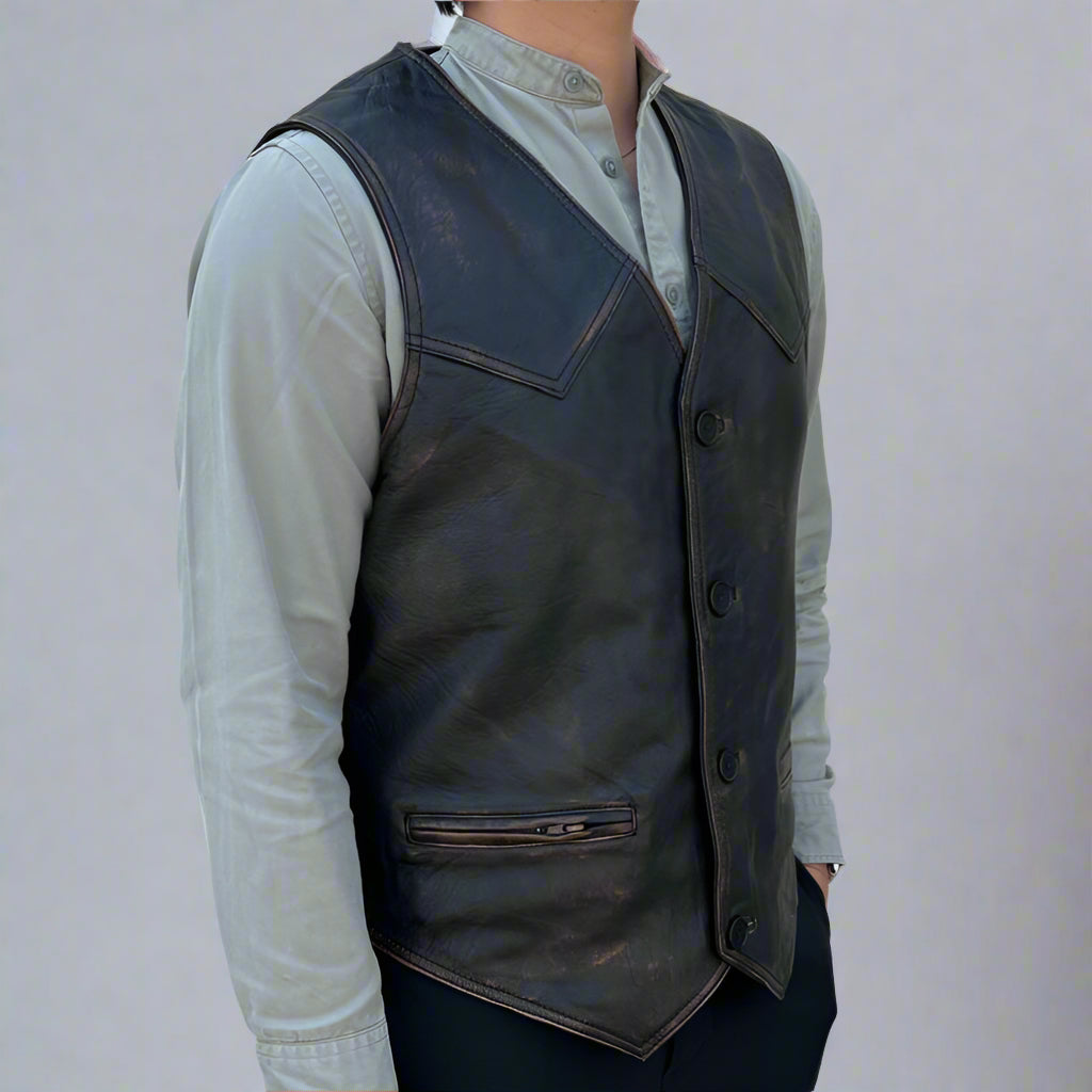 Men's Sheep Leather Ruboff Vest. Classic Button Closure & Front Pockets