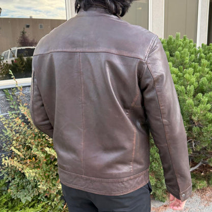 Men's Lamb Leather Jacket. Brown Classic Fit with Full Zip & Side Pockets