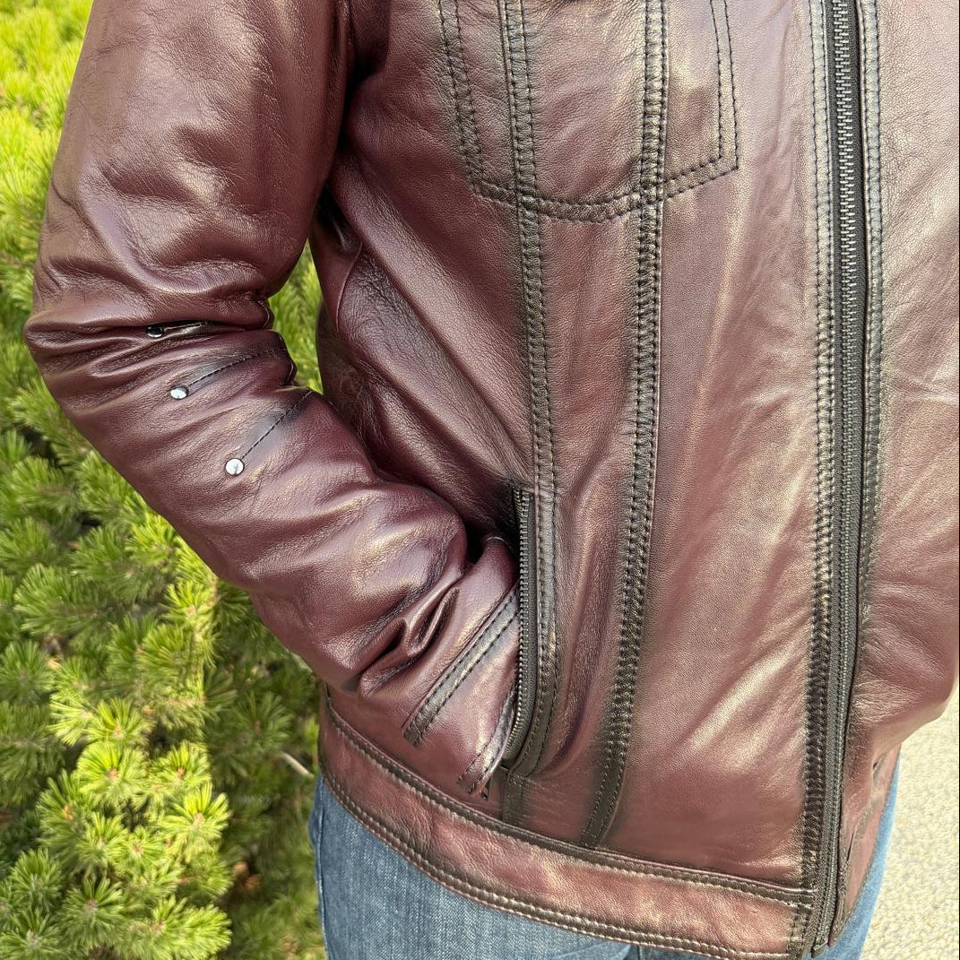 Men's Sheep Leather Jacket with Removable Fur Collar
