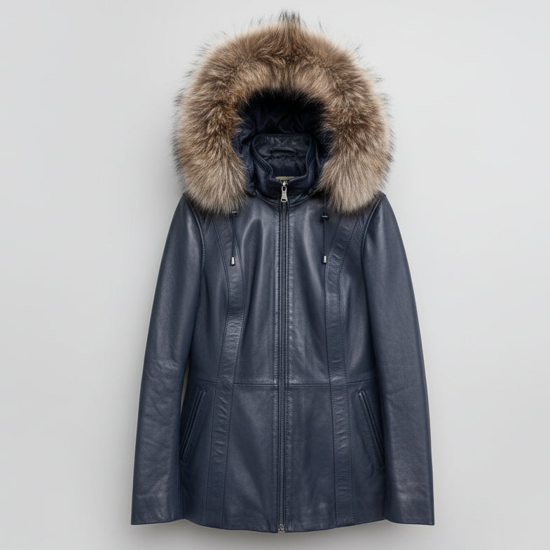 Women's Sheepskin Leather Jacket with Real Fox Fur Trim