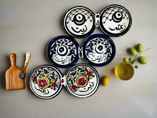 Handgemachte Keramikschalen mit Deckel – Servierschalen für Olivenöl & Za'atar | Palästinensische Keramik aus Hebron | Verschiedene Designs und Muster