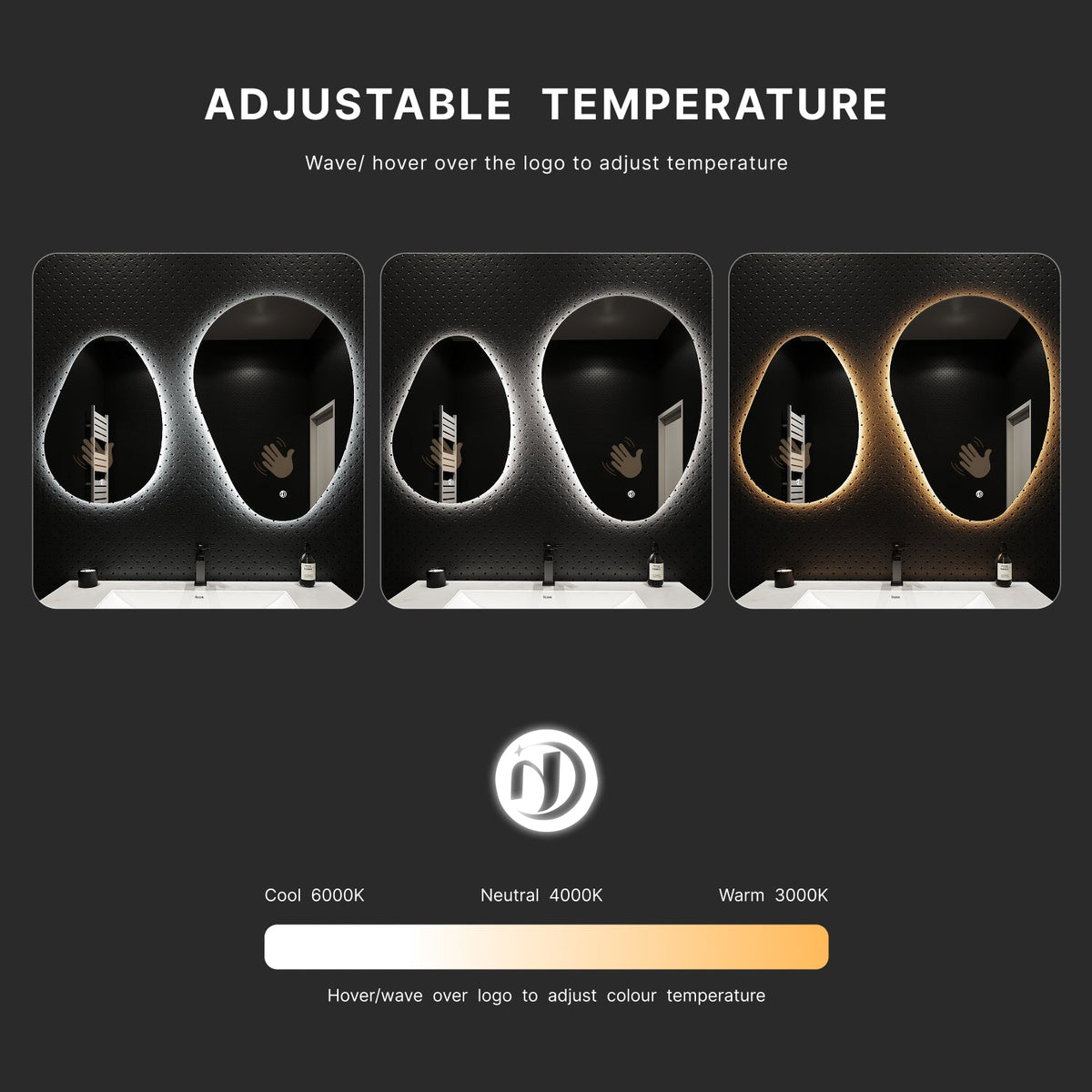 Asymmetrical Backlit LED Bathroom Mirror, Wave Sensor – 20"x28" / 24"x32"