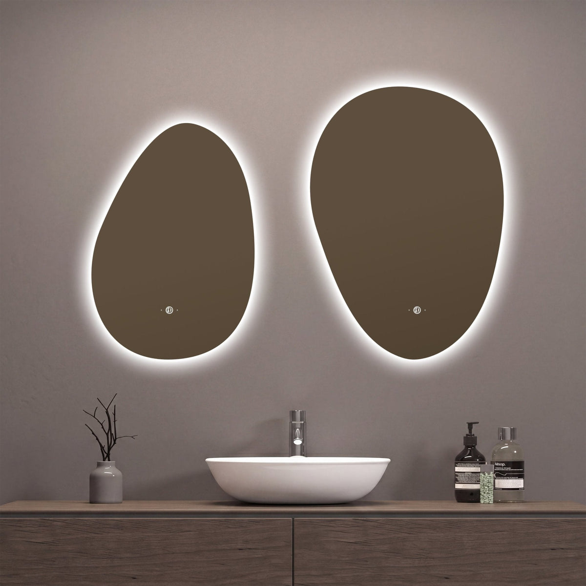 Asymmetrical Backlit LED Bathroom Mirror, Wave Sensor – 20"x28" / 24"x32"