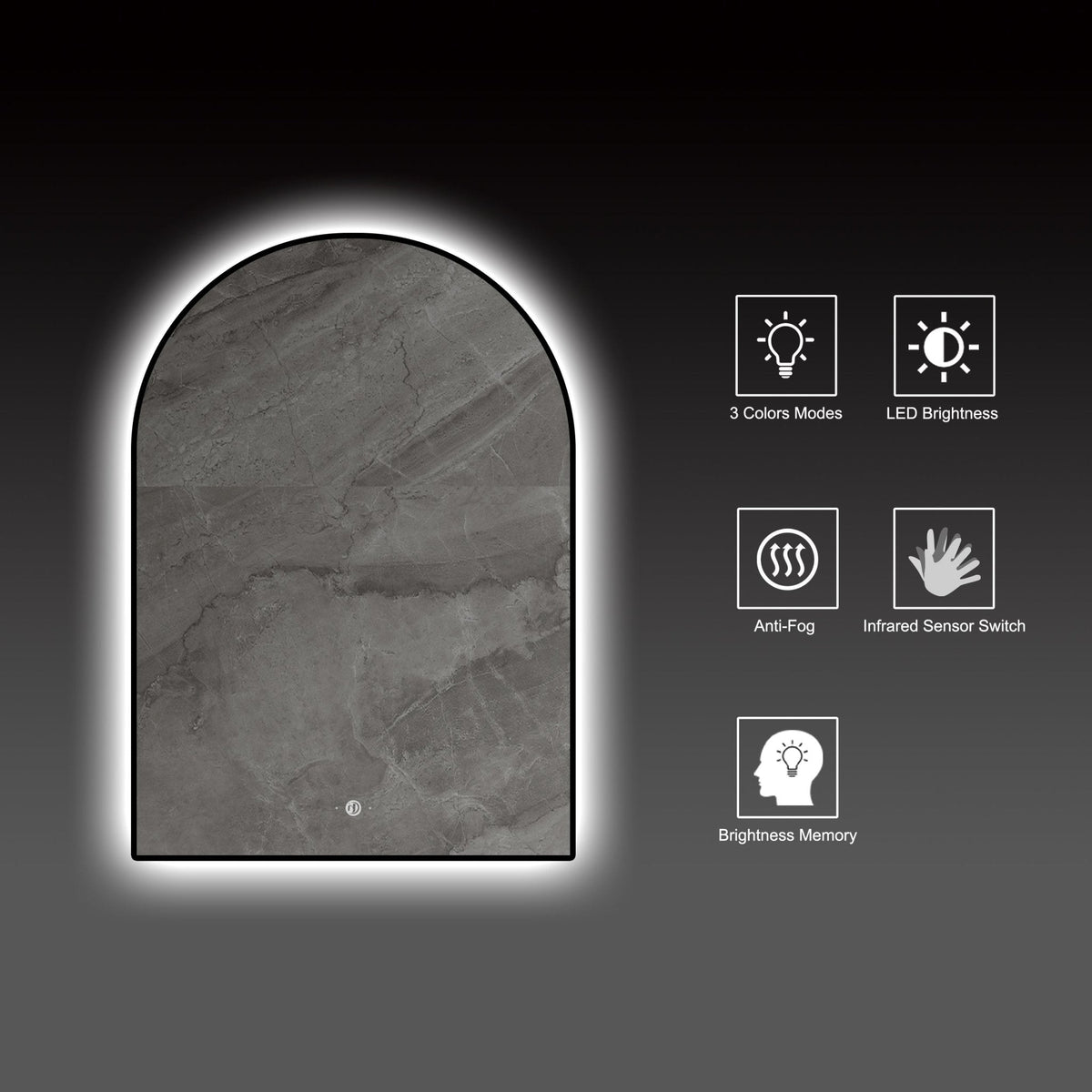 24" x 34" Arched LED Bathroom Mirror, Backlit Frame, Motion Sensor, Anti-Fog – Black / Brush Gold