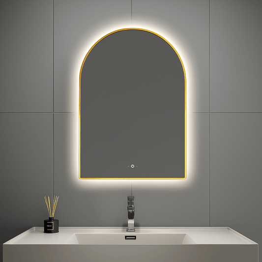 24" x 34" Arched LED Bathroom Mirror, Backlit Frame, Motion Sensor, Anti-Fog – Black / Brush Gold