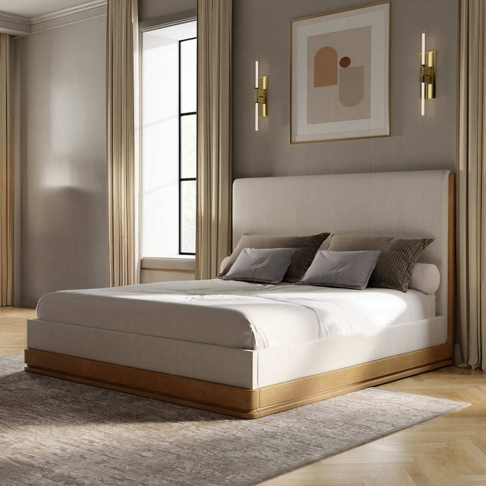Yami Wood Detail Upholstered Platform Bed - Beige Oak