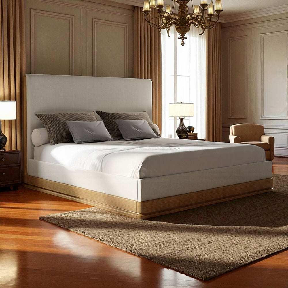 Yami Wood Detail Upholstered Platform Bed - Beige Oak