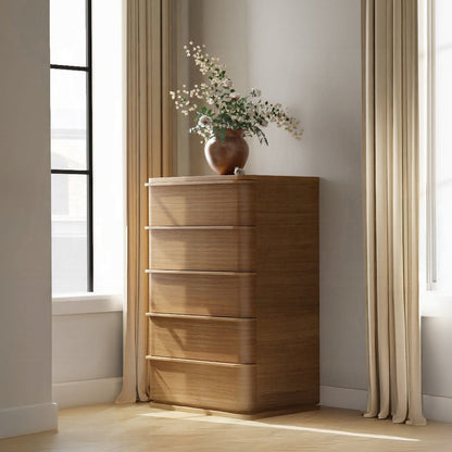 Yami 5 Drawer Tall Wooden Chest - Beige Oak