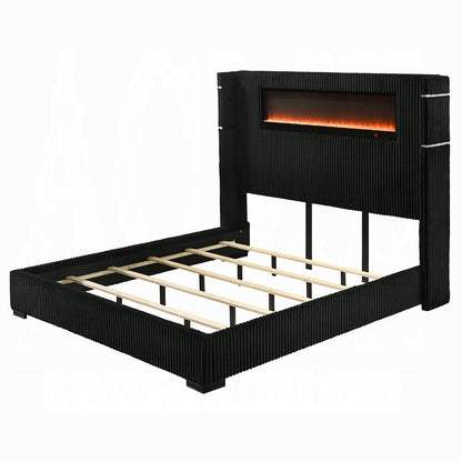 Obsidian Smart Platform Bed with LED/ Fireplace/Reading Light/Speaker/Bluetooth/USB - Black