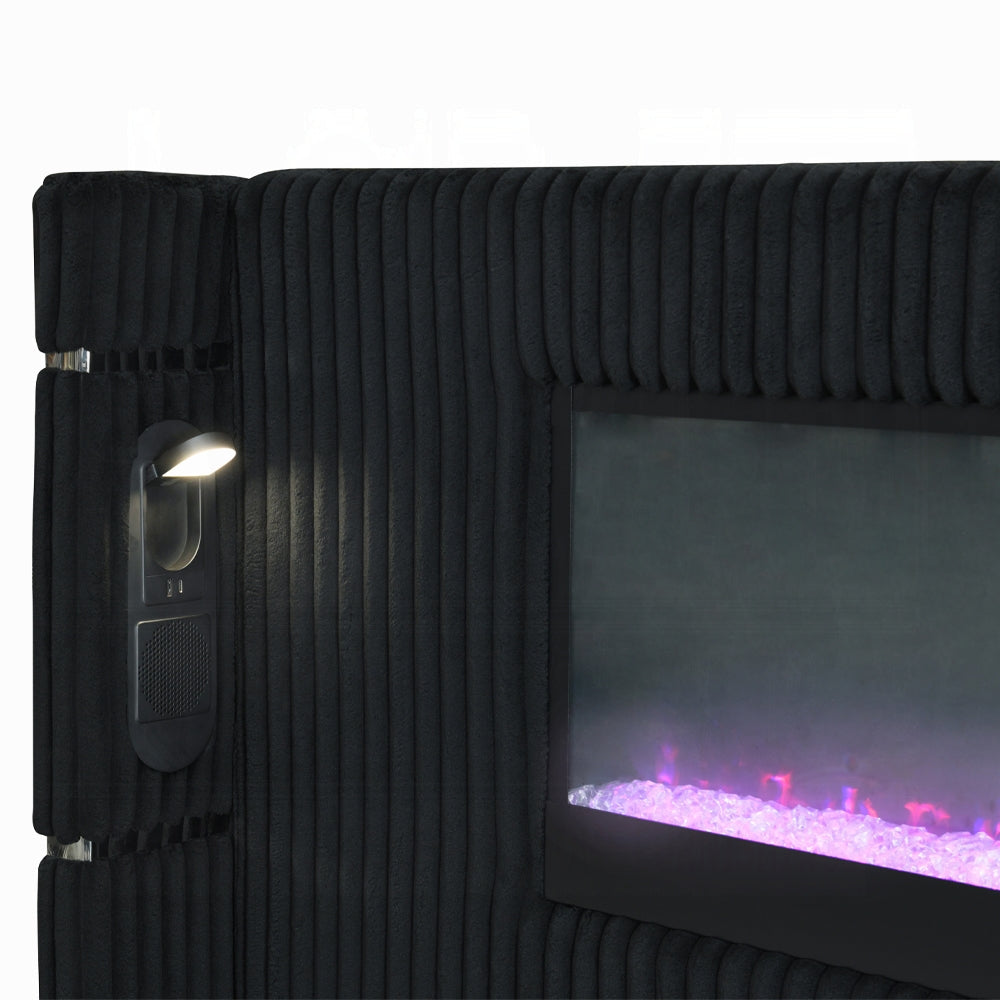 Obsidian Smart Platform Bed with LED/ Fireplace/Reading Light/Speaker/Bluetooth/USB - Black